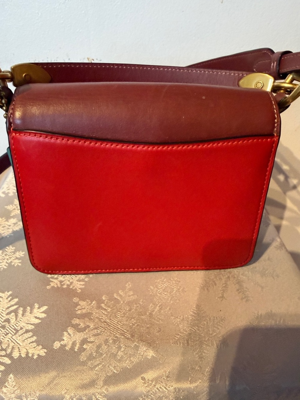 Coach Two-Tone Red and Burgundy Leather Crossbody with Gold Buckle - Picture 4 of 7